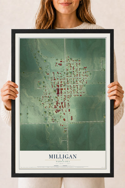 Map of Milligan, Nebraska, 18 x 24 inch print in a black wood frame