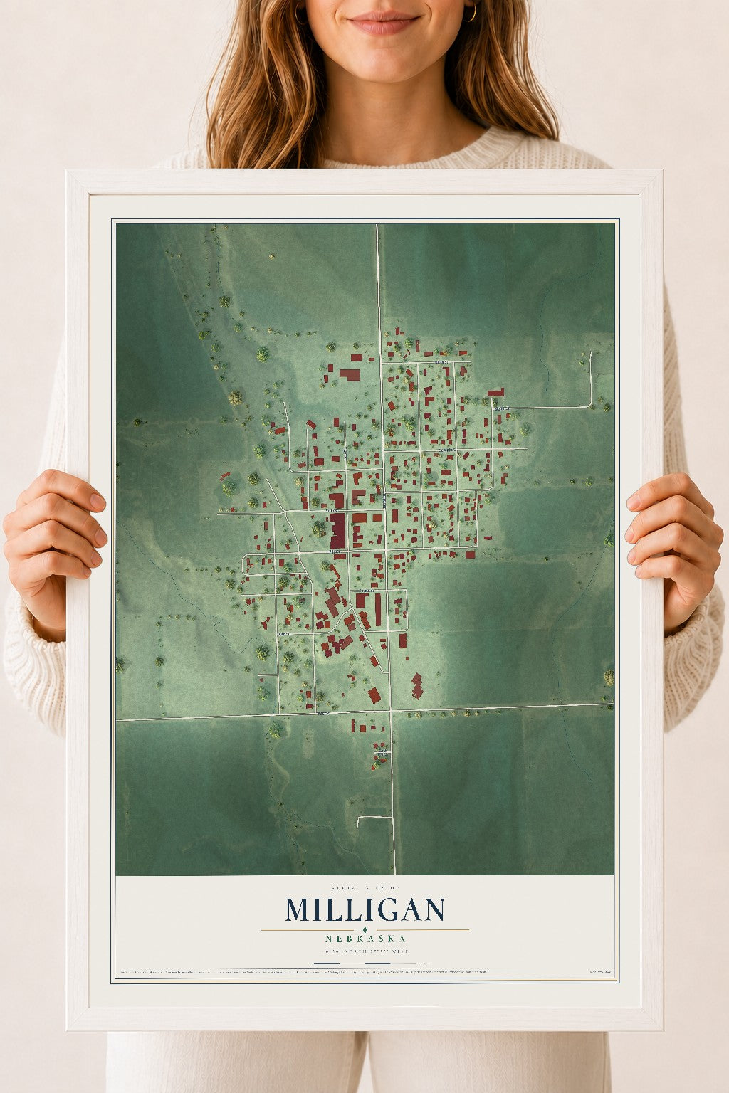 Map of Milligan, Nebraska, 18 x 24 inch print in a white wood frame