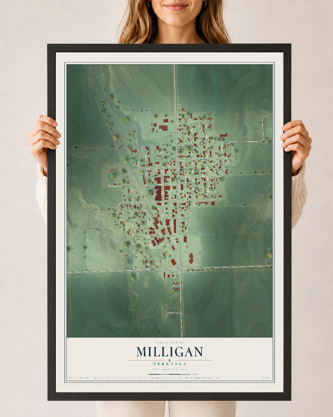 Map of Milligan, Nebraska, 24 x 36 inch print in a black wood frame