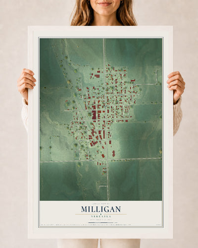 Map of Milligan, Nebraska, 24 x 36 inch print in a white wood frame