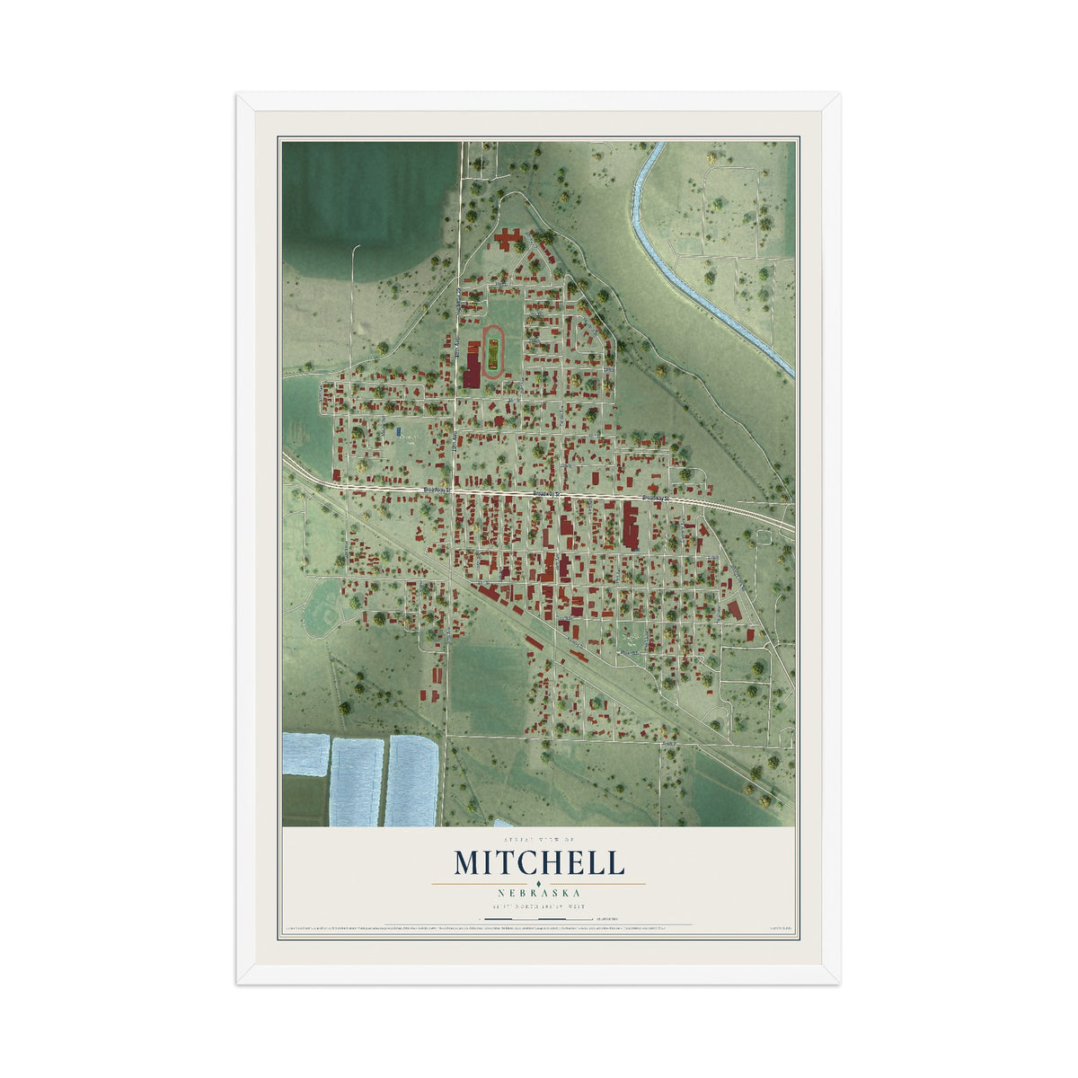 Map of Mitchell, Nebraska, 12 x 18 inch print in a white wood frame
