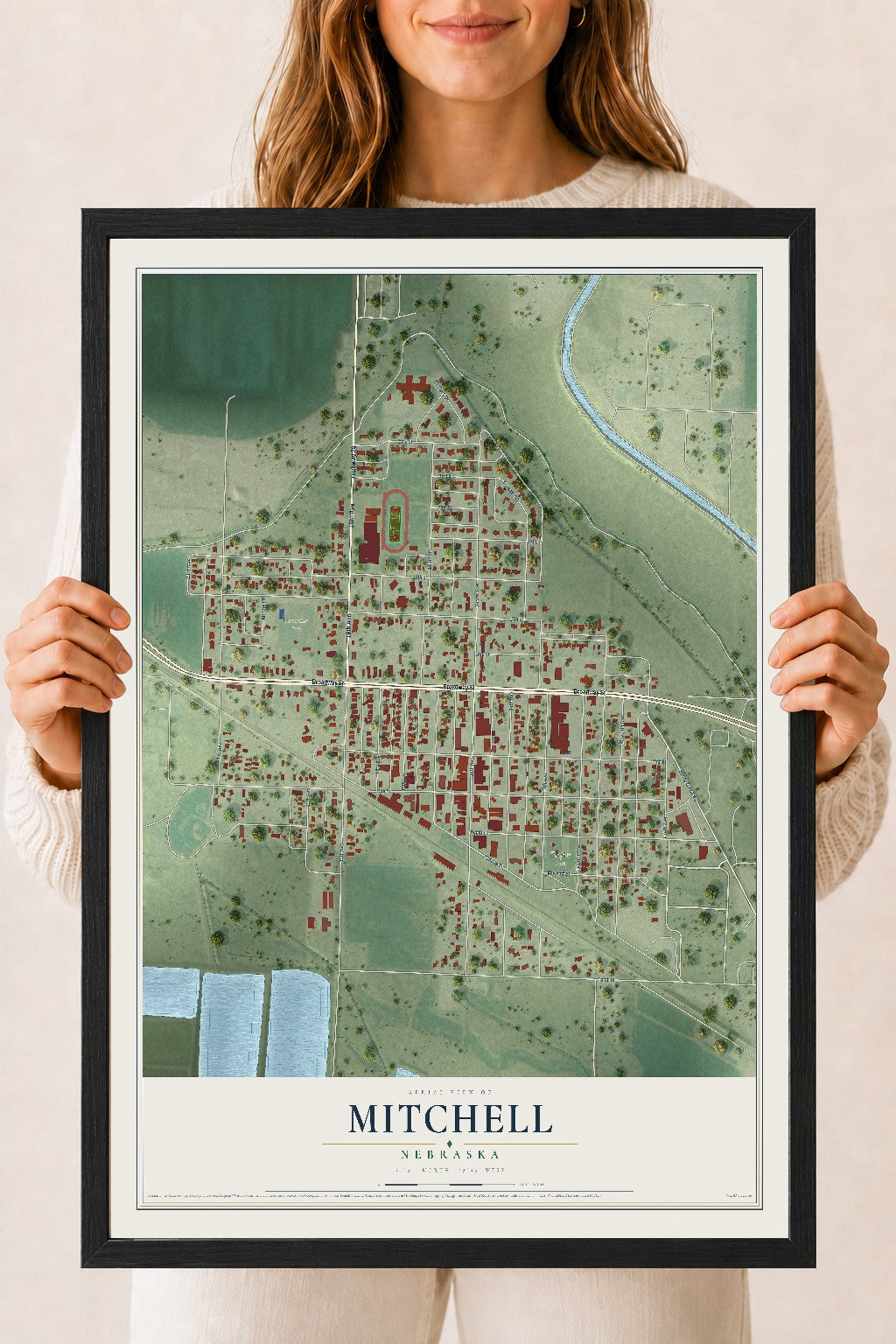 Map of Mitchell, Nebraska, 18 x 24 inch print in a black wood frame