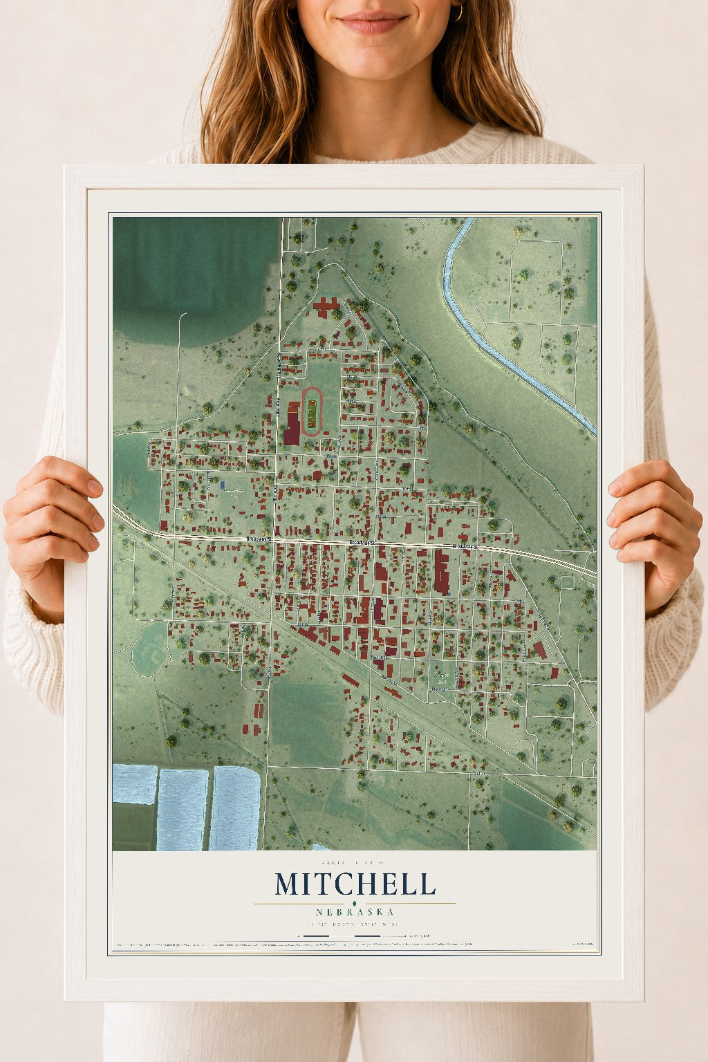 Map of Mitchell, Nebraska, 18 x 24 inch print in a white wood frame
