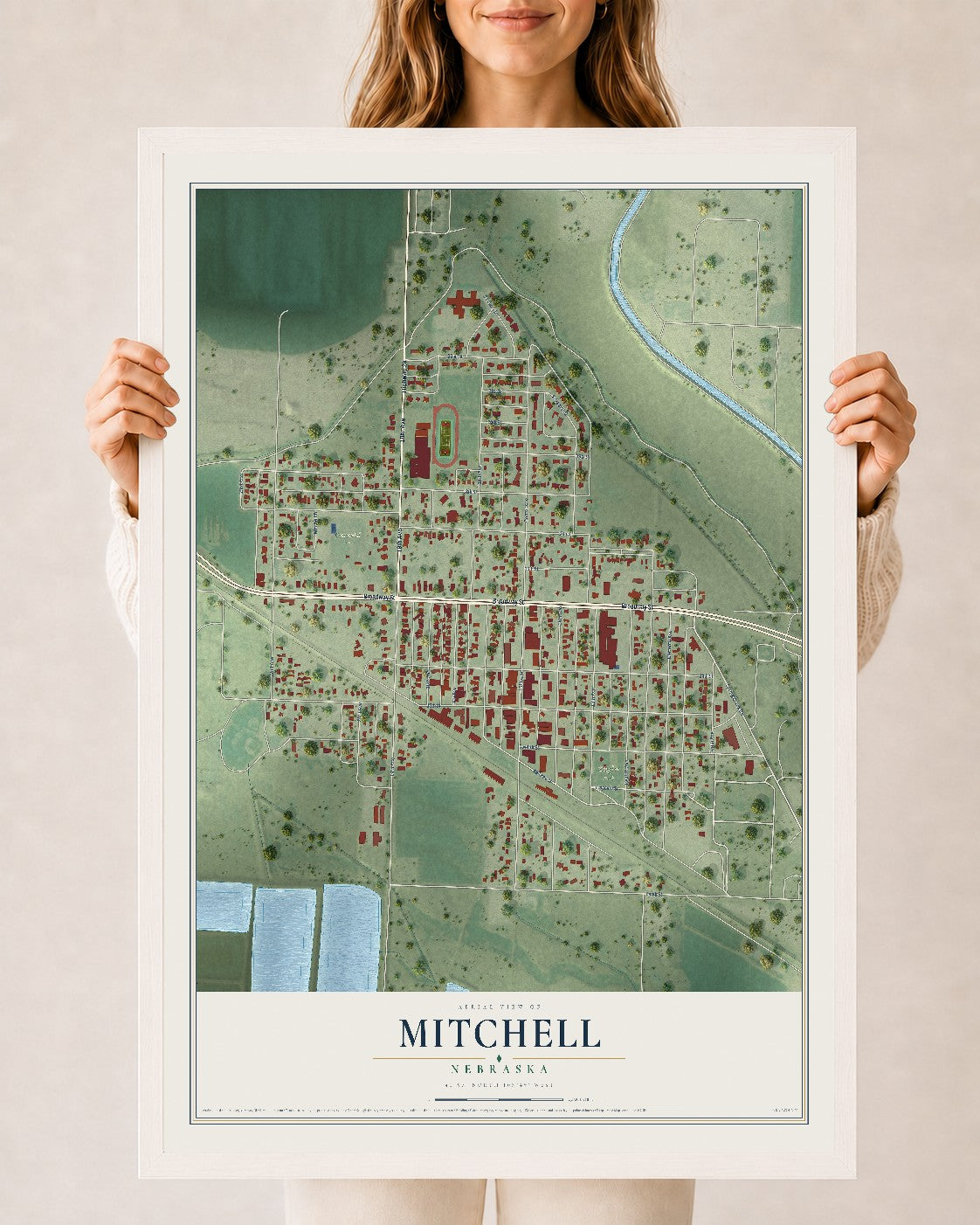 Map of Mitchell, Nebraska, 24 x 36 inch print in a white wood frame