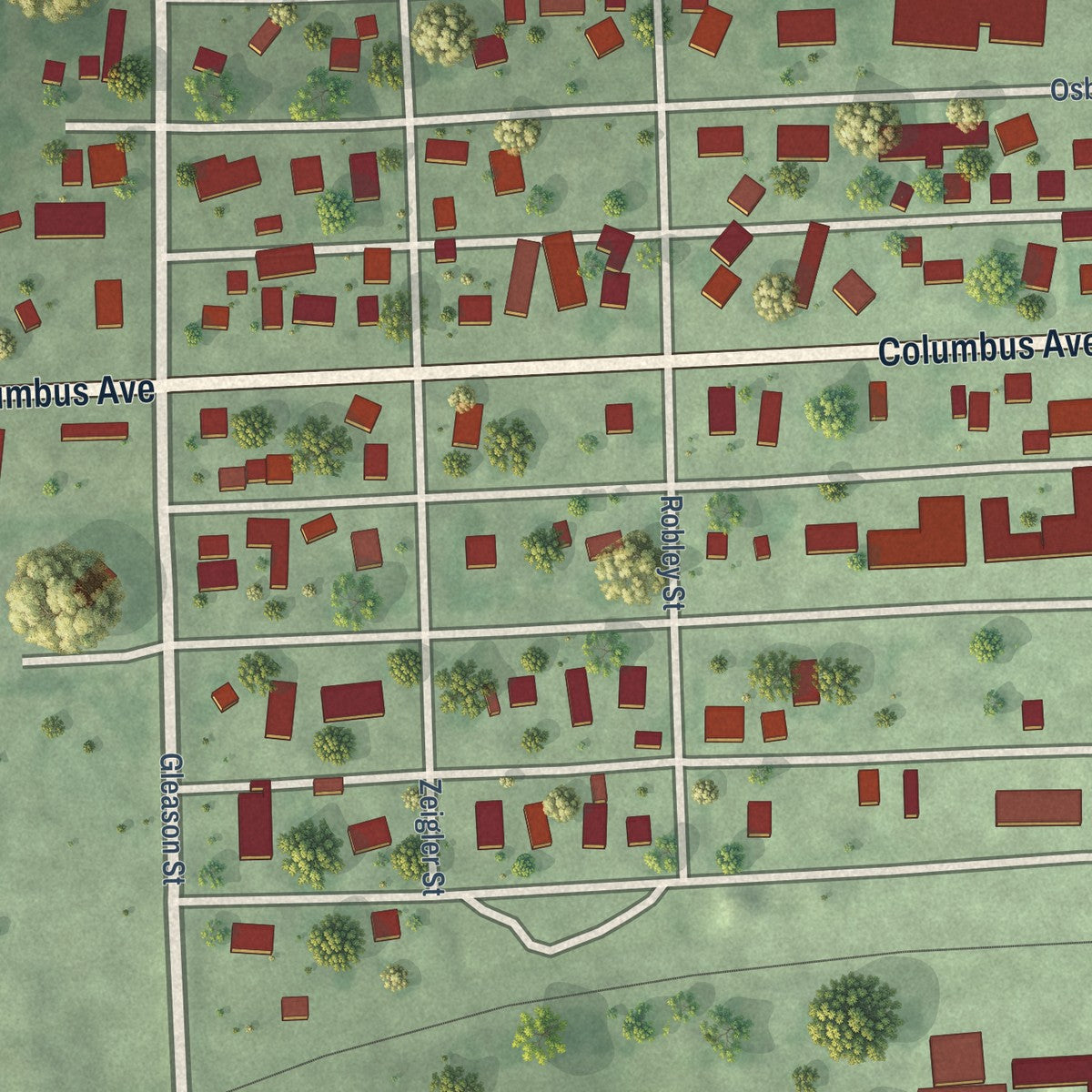Close-up of the map of Monroe, Nebraska print showing street and building detail