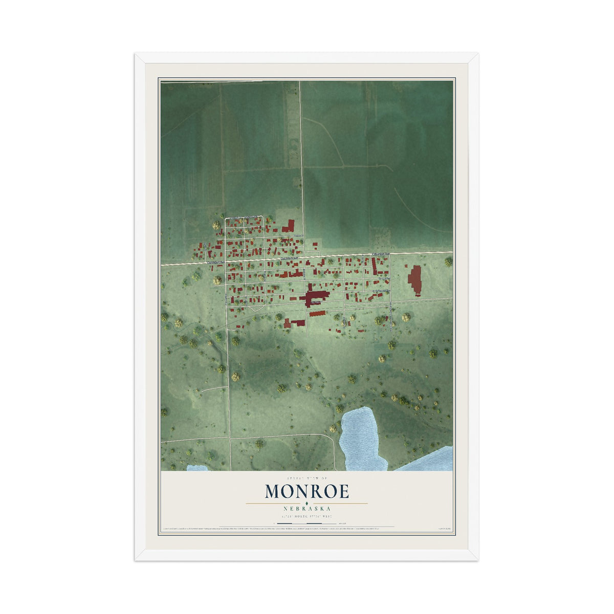 Map of Monroe, Nebraska, 12 x 18 inch print in a white wood frame