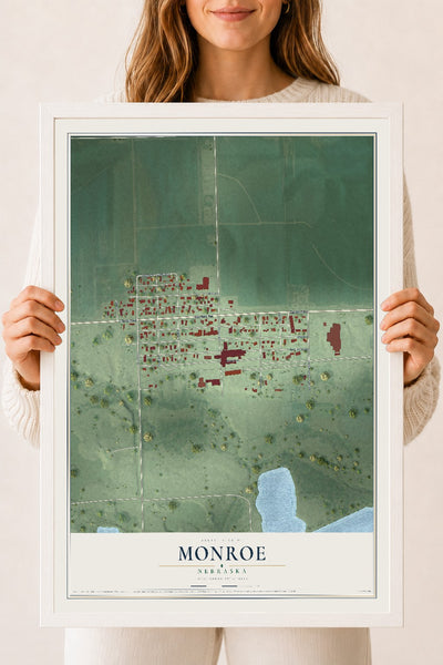Map of Monroe, Nebraska, 18 x 24 inch print in a white wood frame