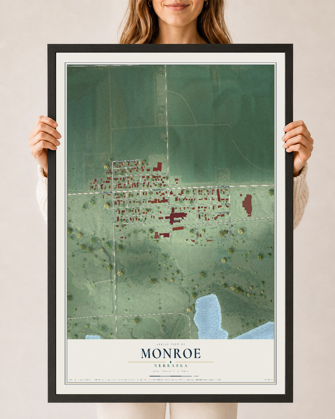 Map of Monroe, Nebraska, 24 x 36 inch print in a black wood frame