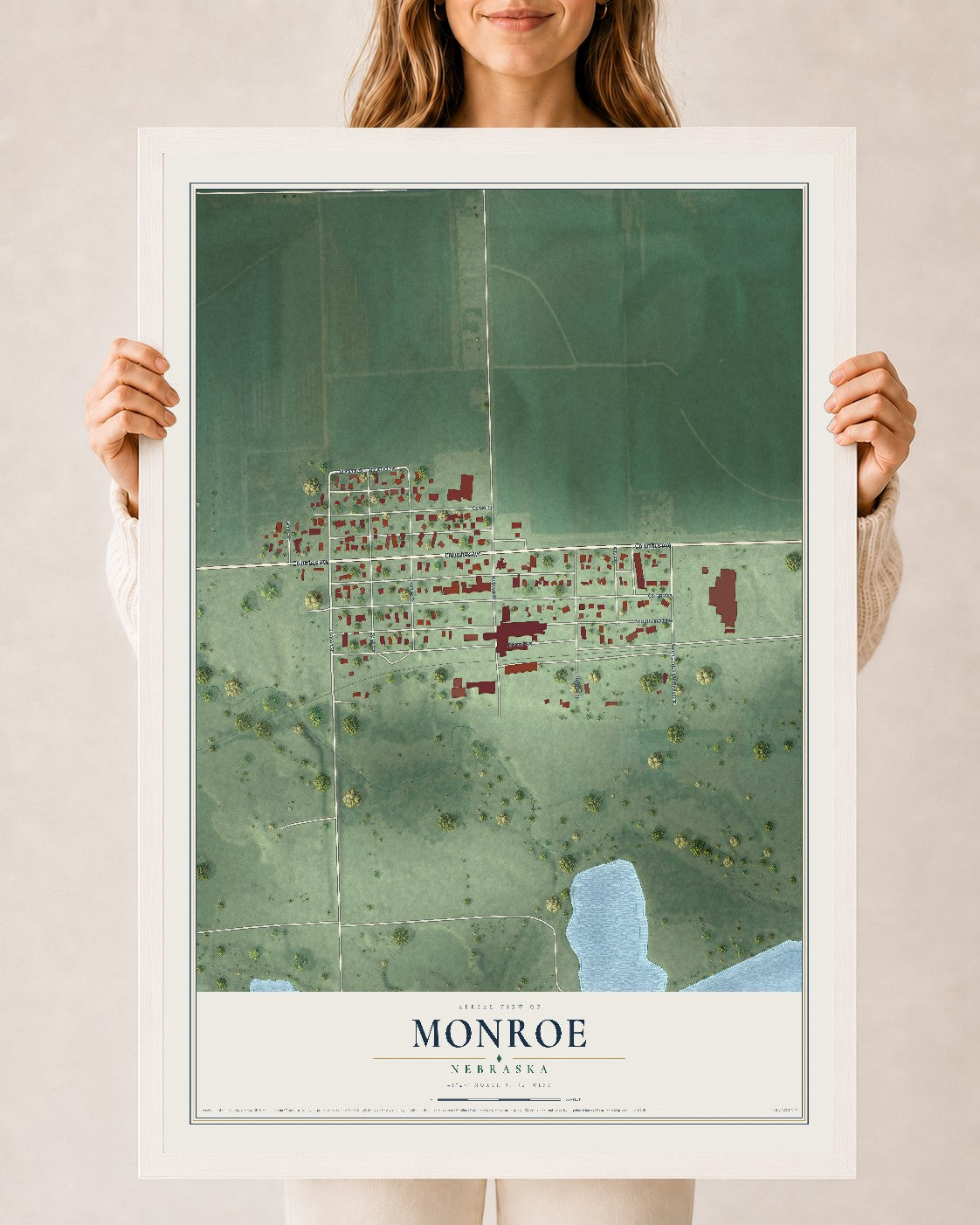 Map of Monroe, Nebraska, 24 x 36 inch print in a white wood frame