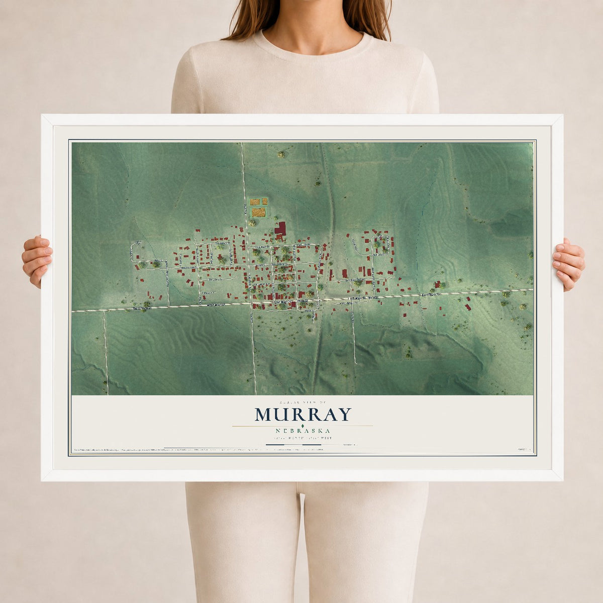 Map of Murray, Nebraska, 24 x 36 inch print in a white wood frame