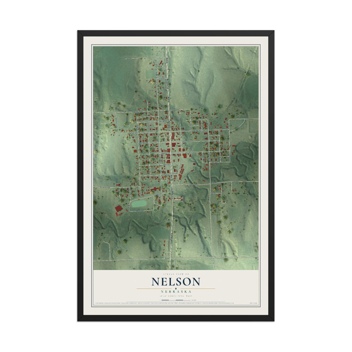 Map of Nelson, Nebraska, 12 x 18 inch print in a black wood frame