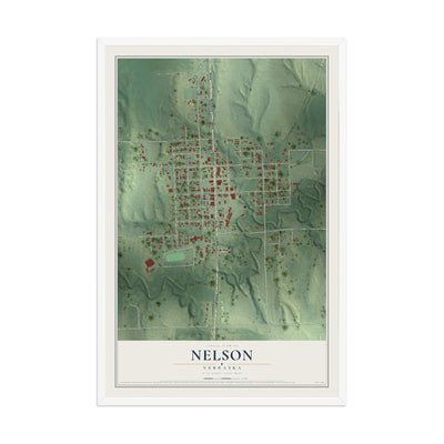 Map of Nelson, Nebraska, 12 x 18 inch print in a white wood frame
