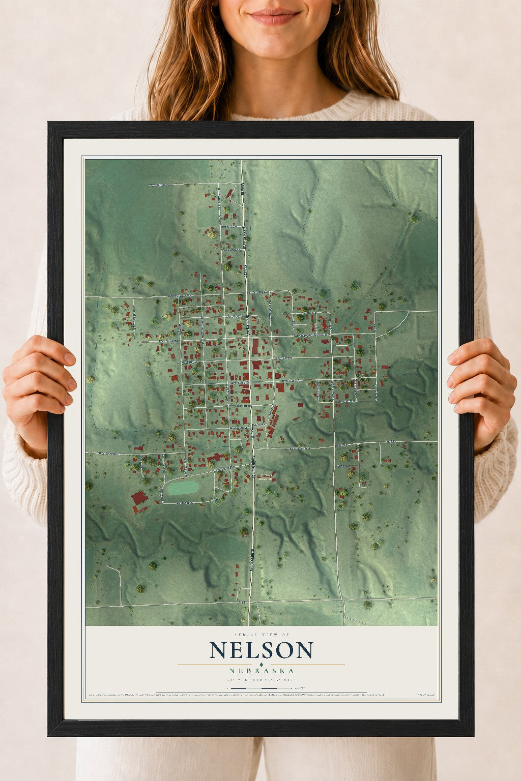 Map of Nelson, Nebraska, 18 x 24 inch print in a black wood frame