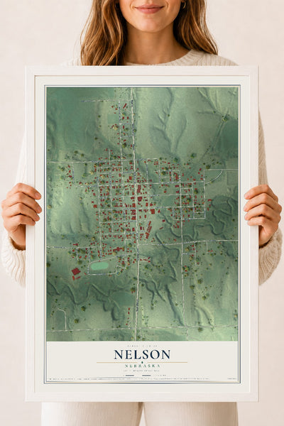 Map of Nelson, Nebraska, 18 x 24 inch print in a white wood frame