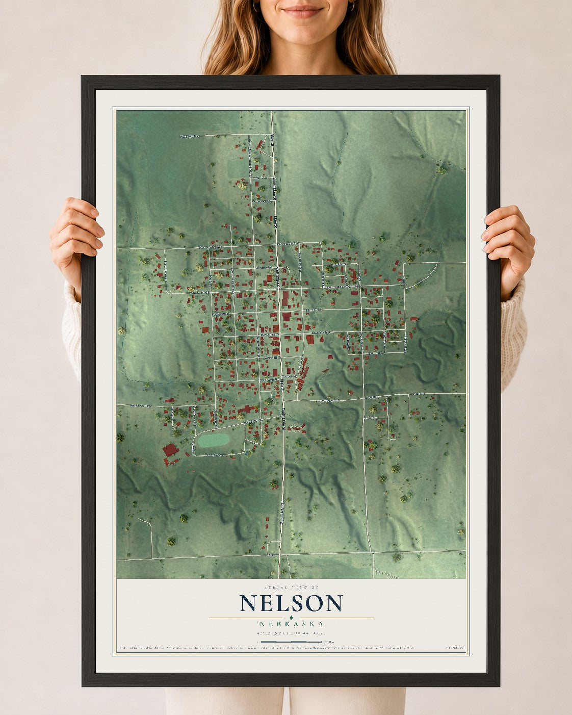 Map of Nelson, Nebraska, 24 x 36 inch print in a black wood frame