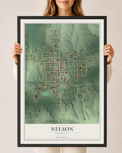 Map of Nelson, Nebraska, 24 x 36 inch print in a black wood frame