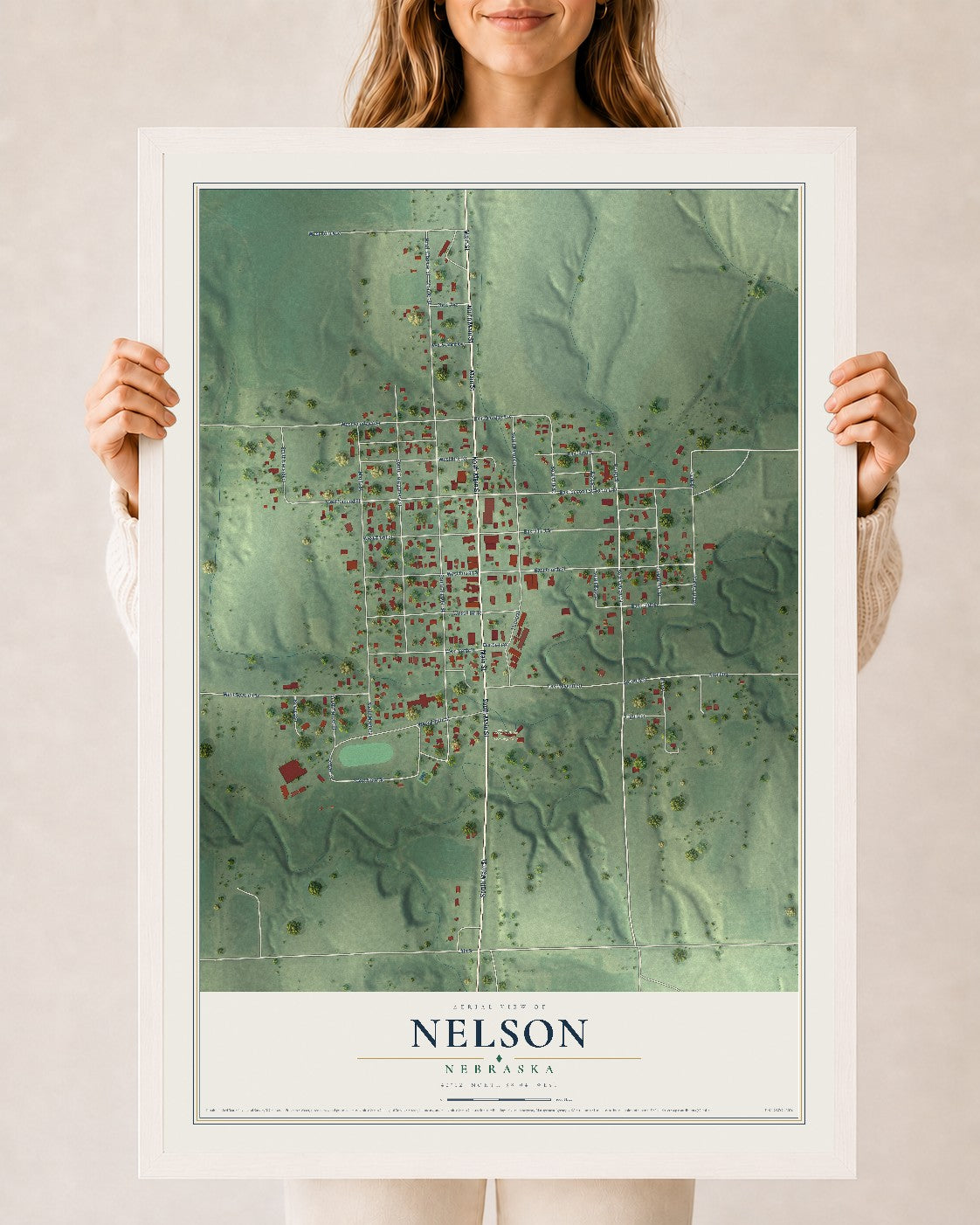 Map of Nelson, Nebraska, 24 x 36 inch print in a white wood frame