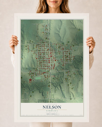 Map of Nelson, Nebraska, 24 x 36 inch print in a white wood frame