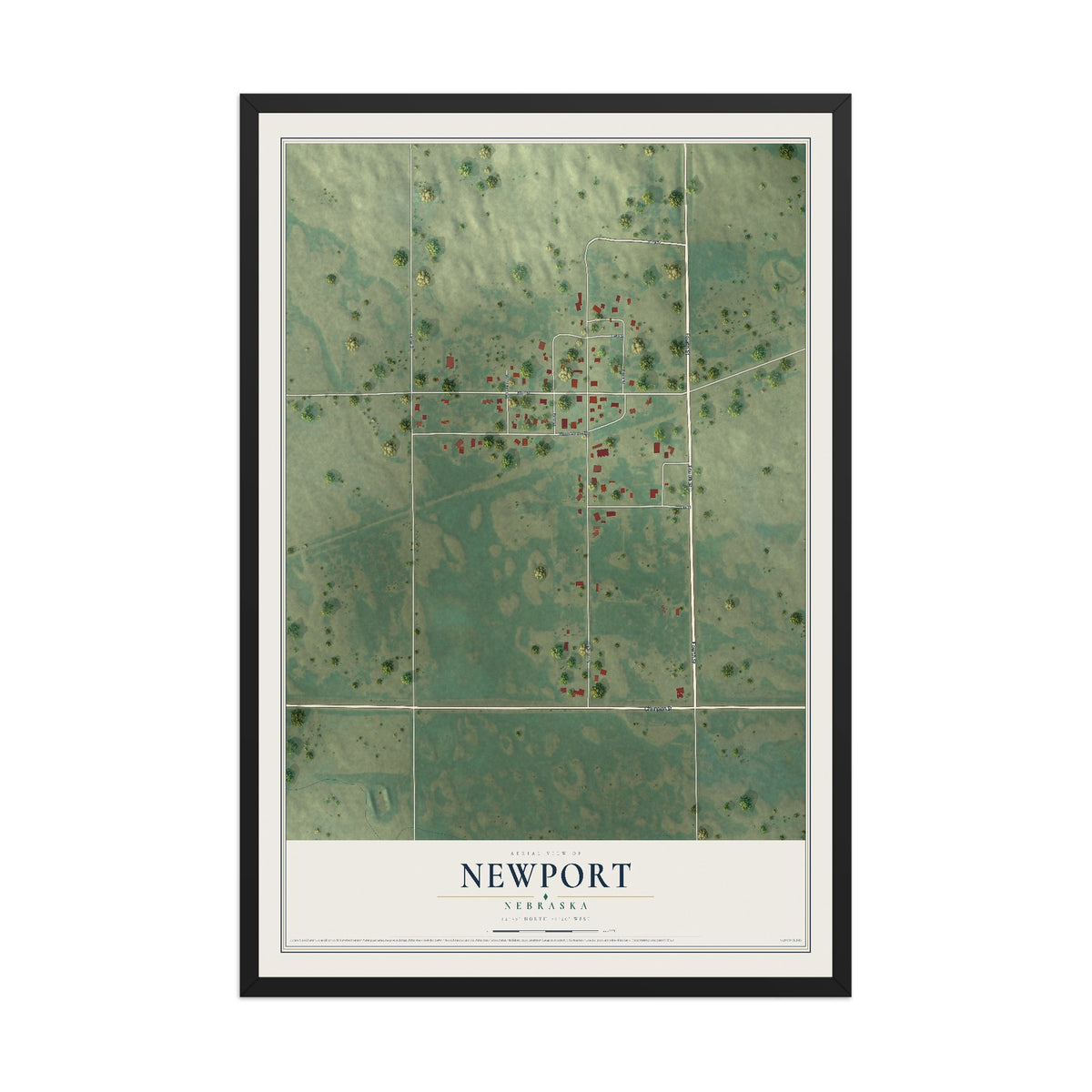 Map of Newport, Nebraska, 12 x 18 inch print in a black wood frame