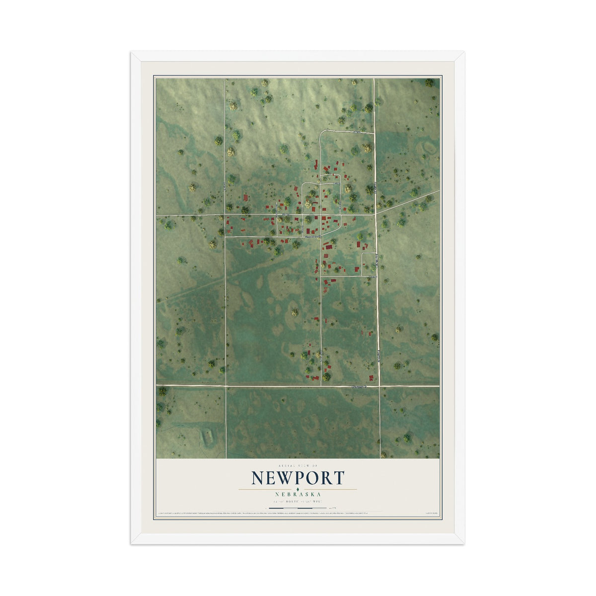 Map of Newport, Nebraska, 12 x 18 inch print in a white wood frame