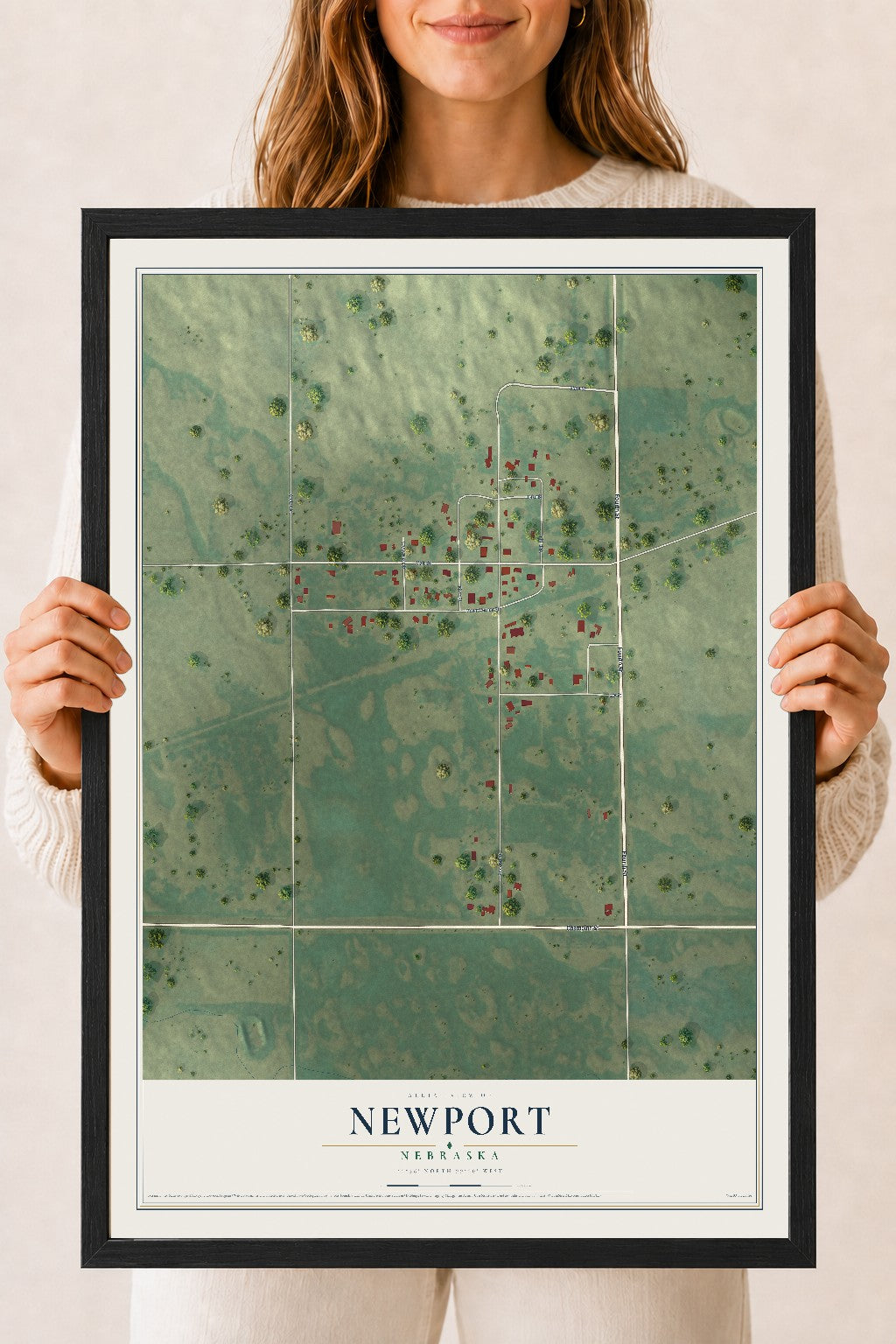 Map of Newport, Nebraska, 18 x 24 inch print in a black wood frame