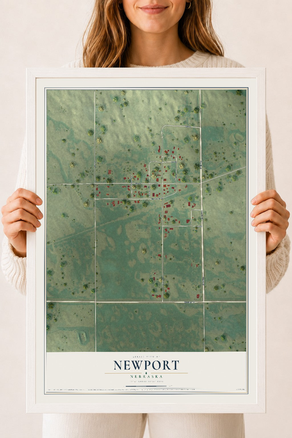Map of Newport, Nebraska, 18 x 24 inch print in a white wood frame
