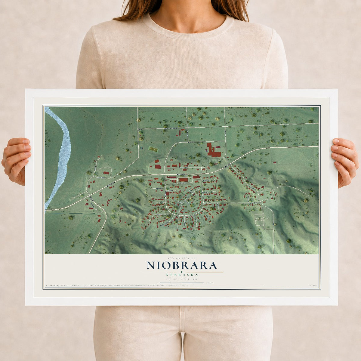 Map of Niobrara, Nebraska, 12 x 18 inch print in a white wood frame
