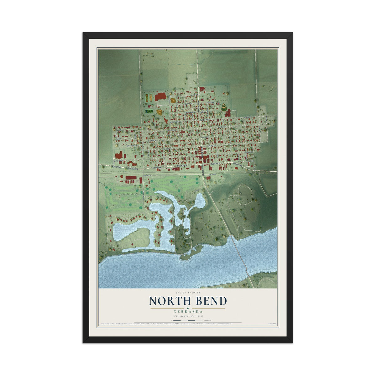 Map of North Bend, Nebraska, 12 x 18 inch print in a black wood frame