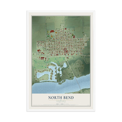 Map of North Bend, Nebraska, 12 x 18 inch print in a white wood frame