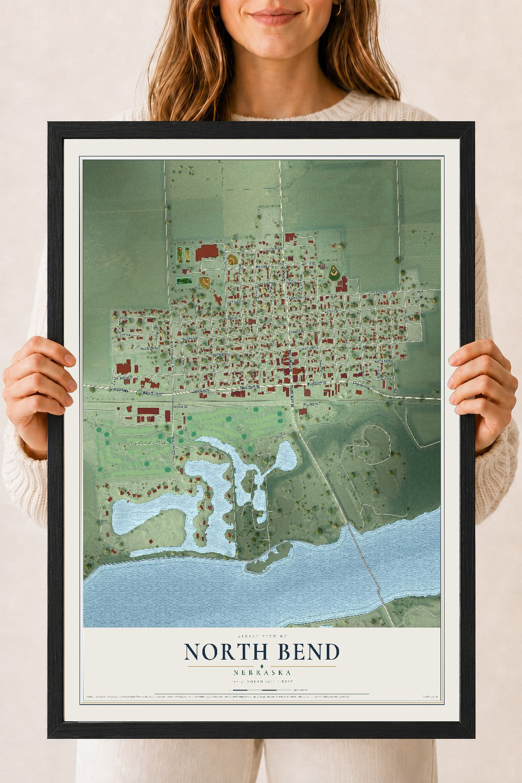 Map of North Bend, Nebraska, 18 x 24 inch print in a black wood frame