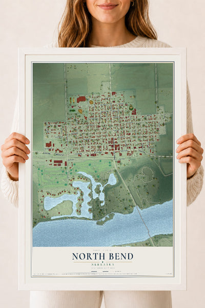 Map of North Bend, Nebraska, 18 x 24 inch print in a white wood frame