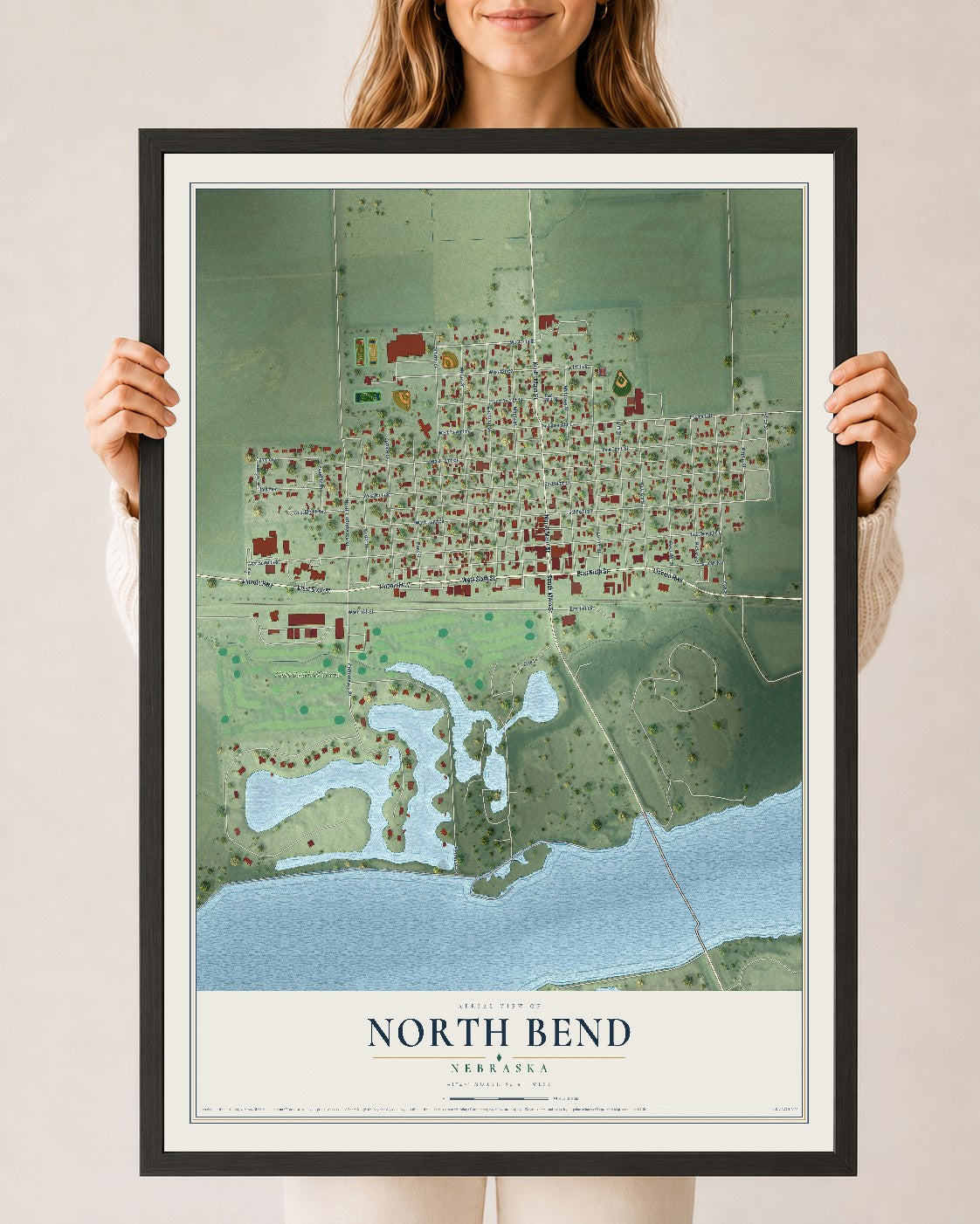 Map of North Bend, Nebraska, 24 x 36 inch print in a black wood frame