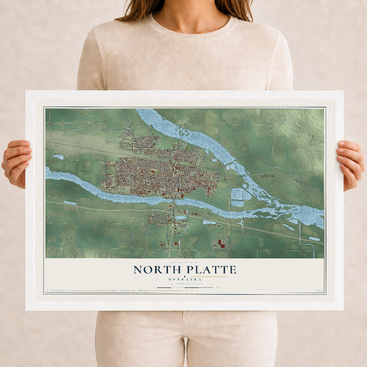 Map of North Platte, Nebraska, 12 x 18 inch print in a white wood frame