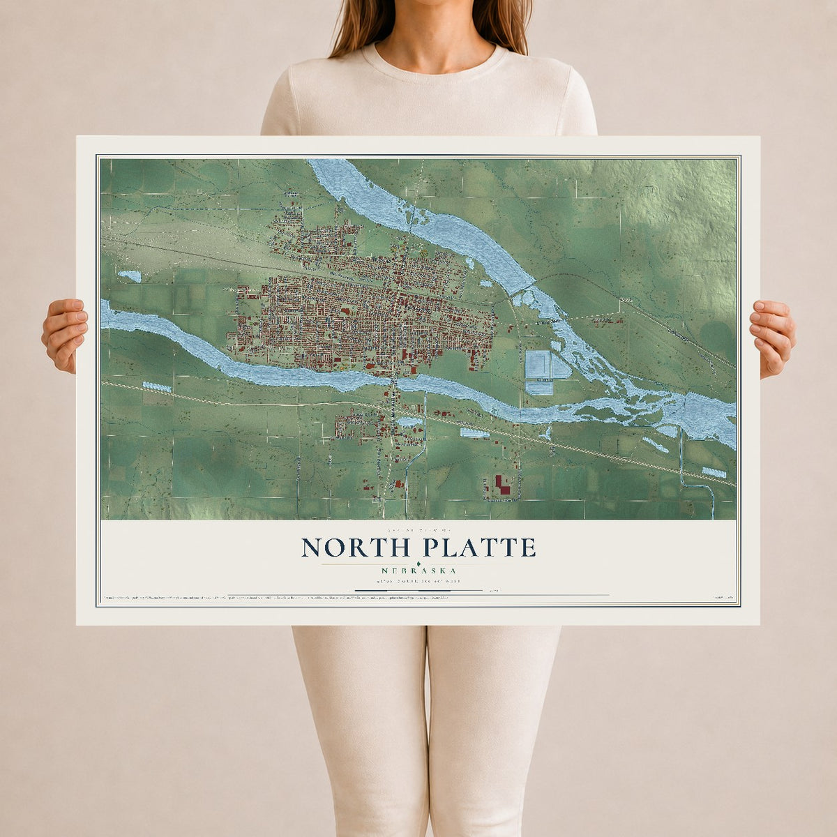 Map of North Platte, Nebraska, 24 x 36 inch unframed archival matte print
