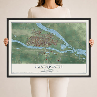 Map of North Platte, Nebraska, 24 x 36 inch print in a black wood frame