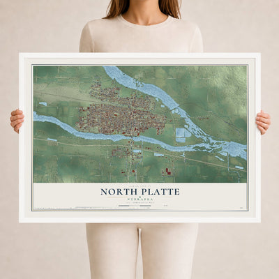 Map of North Platte, Nebraska, 24 x 36 inch print in a white wood frame