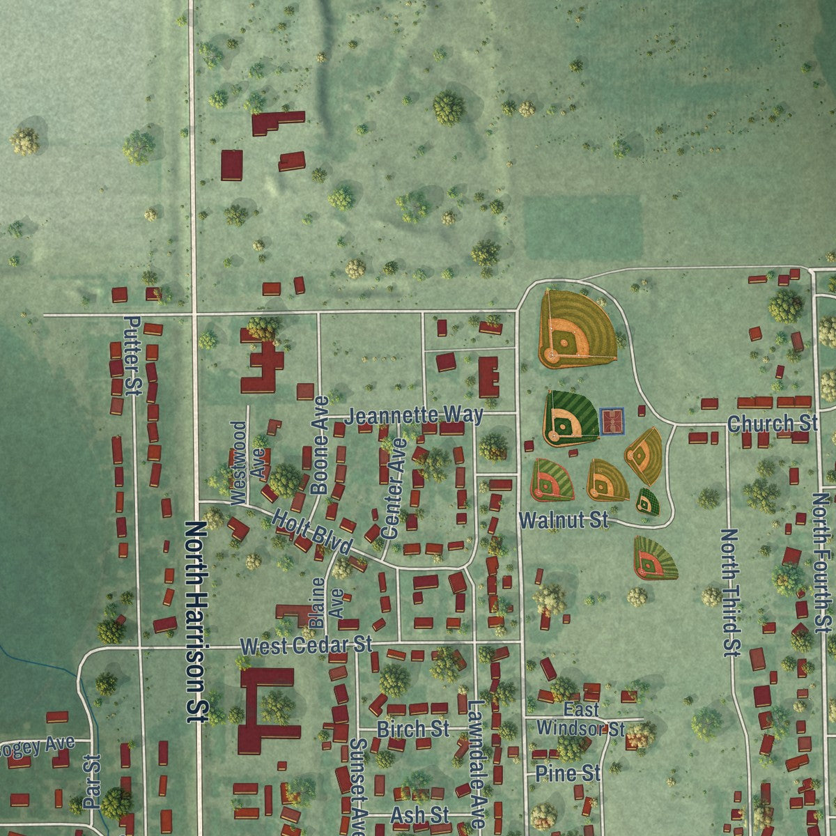 Second close-up of the map of O'Neill, Nebraska print showing more streets and buildings