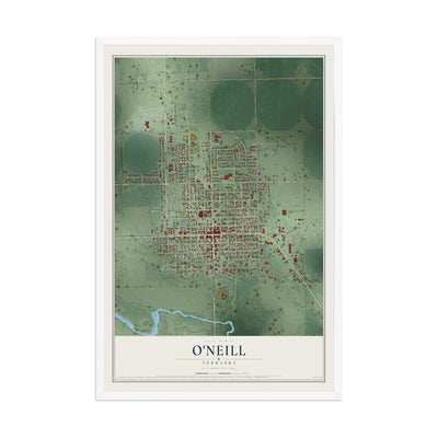 Map of O'Neill, Nebraska, 12 x 18 inch print in a white wood frame