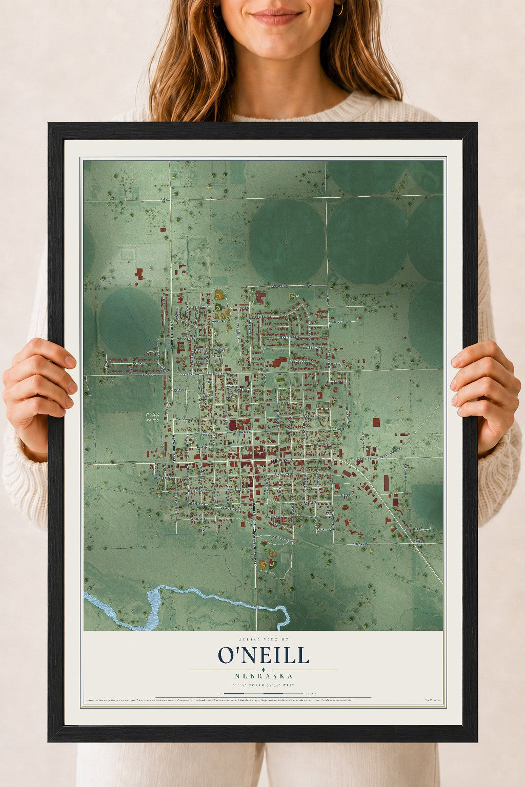 Map of O'Neill, Nebraska, 18 x 24 inch print in a black wood frame