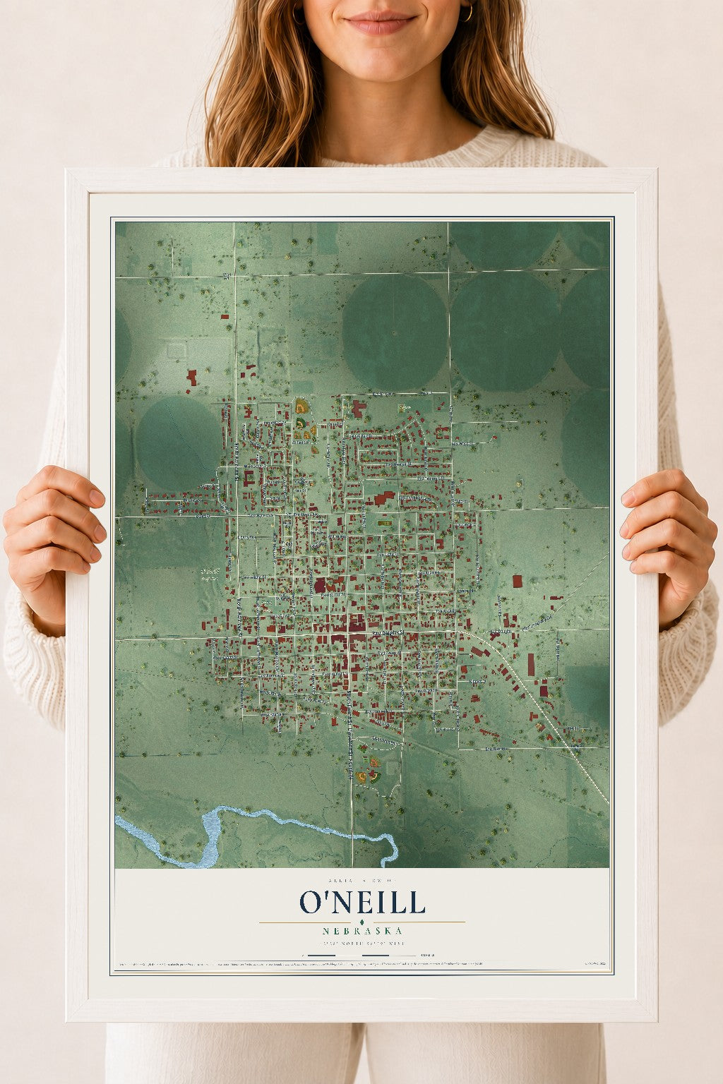 Map of O'Neill, Nebraska, 18 x 24 inch print in a white wood frame