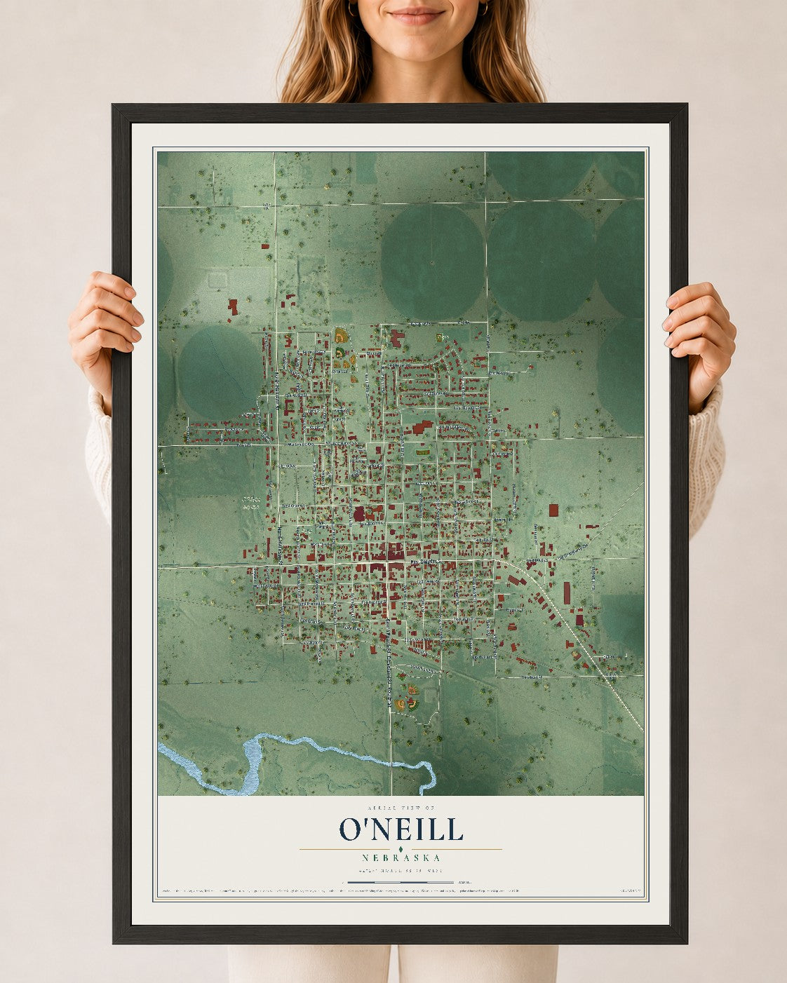 Map of O'Neill, Nebraska, 24 x 36 inch print in a black wood frame