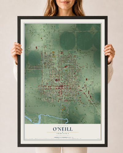 Map of O'Neill, Nebraska, 24 x 36 inch print in a black wood frame