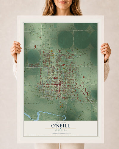Map of O'Neill, Nebraska, 24 x 36 inch print in a white wood frame