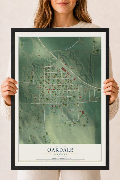 Map of Oakdale, Nebraska, 18 x 24 inch print in a black wood frame