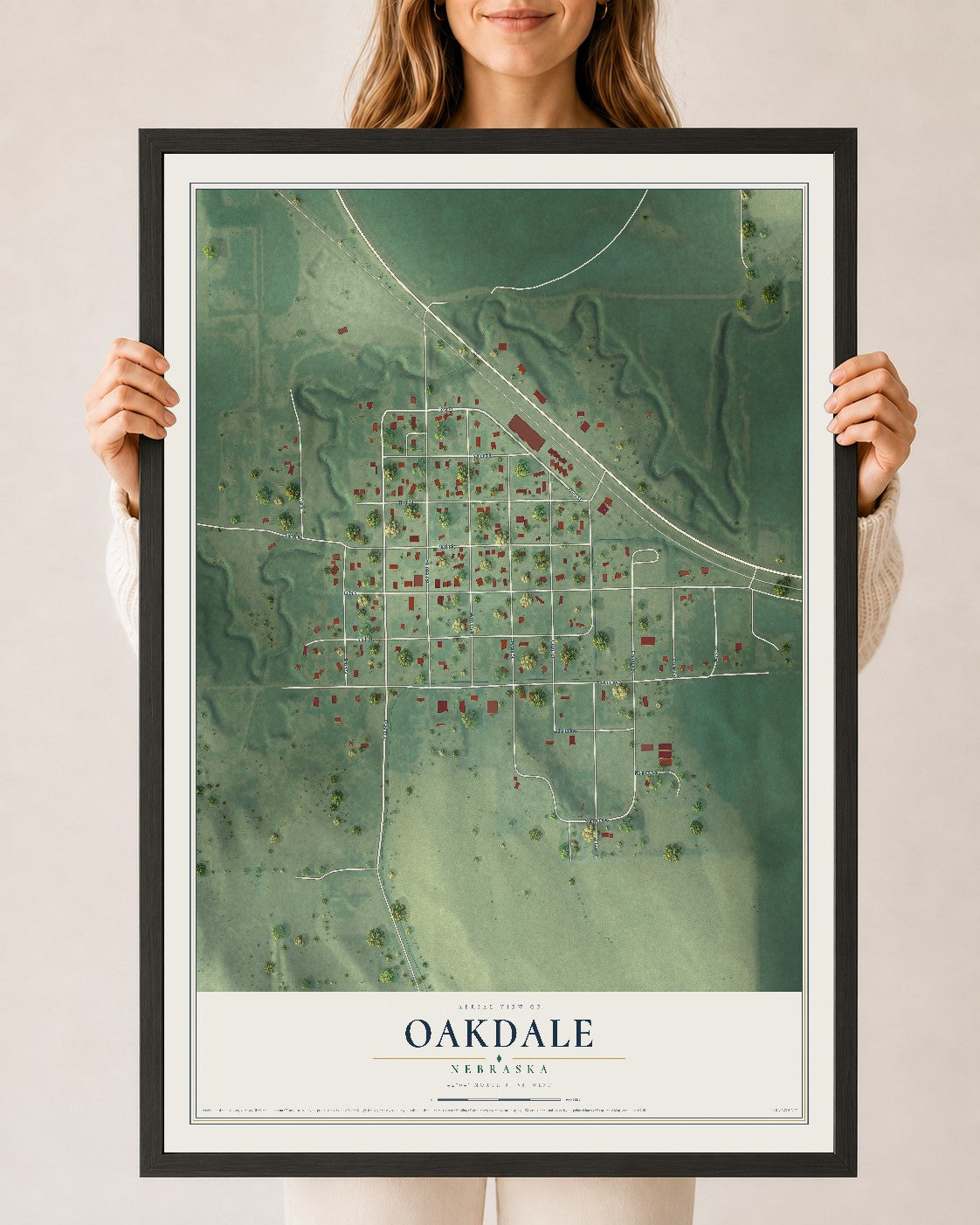 Map of Oakdale, Nebraska, 24 x 36 inch print in a black wood frame