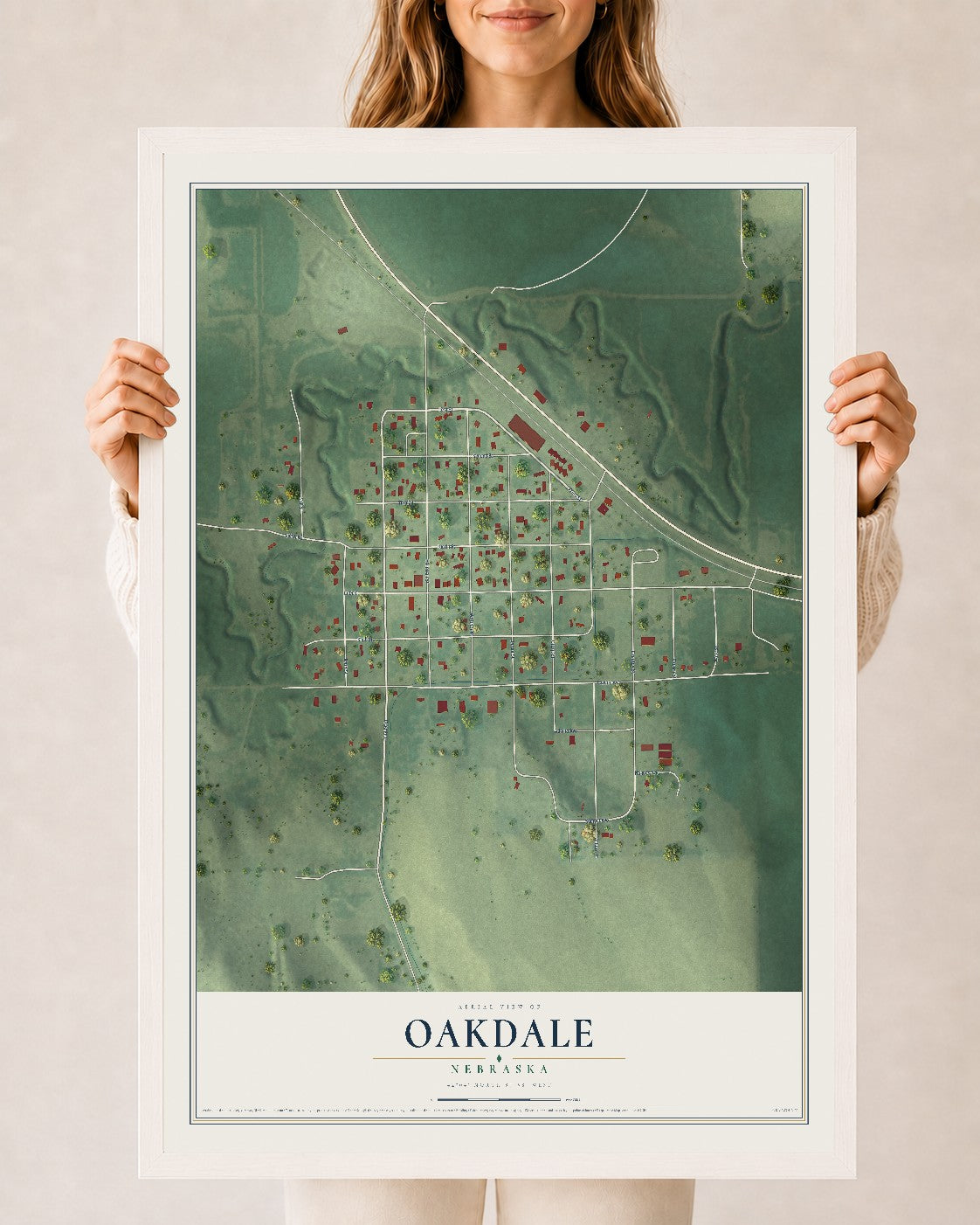Map of Oakdale, Nebraska, 24 x 36 inch print in a white wood frame