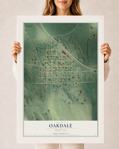 Map of Oakdale, Nebraska, 24 x 36 inch print in a white wood frame