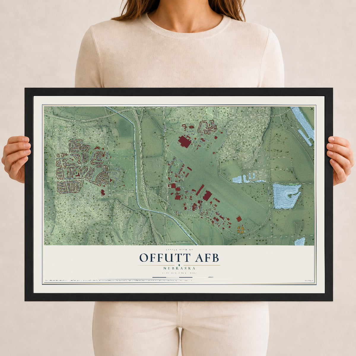 Map of Offutt AFB, Nebraska, 12 x 18 inch print in a black wood frame