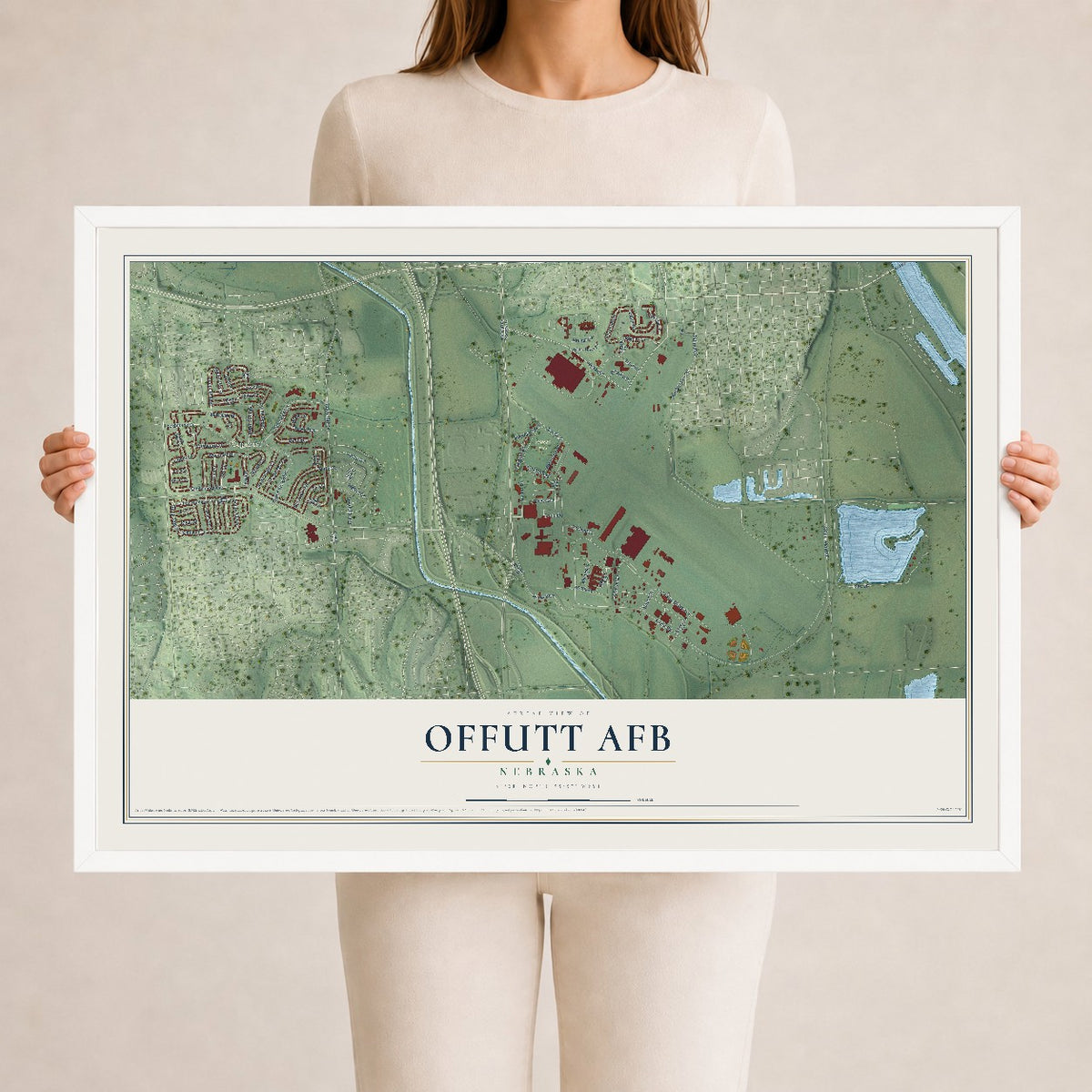 Map of Offutt AFB, Nebraska, 24 x 36 inch print in a white wood frame