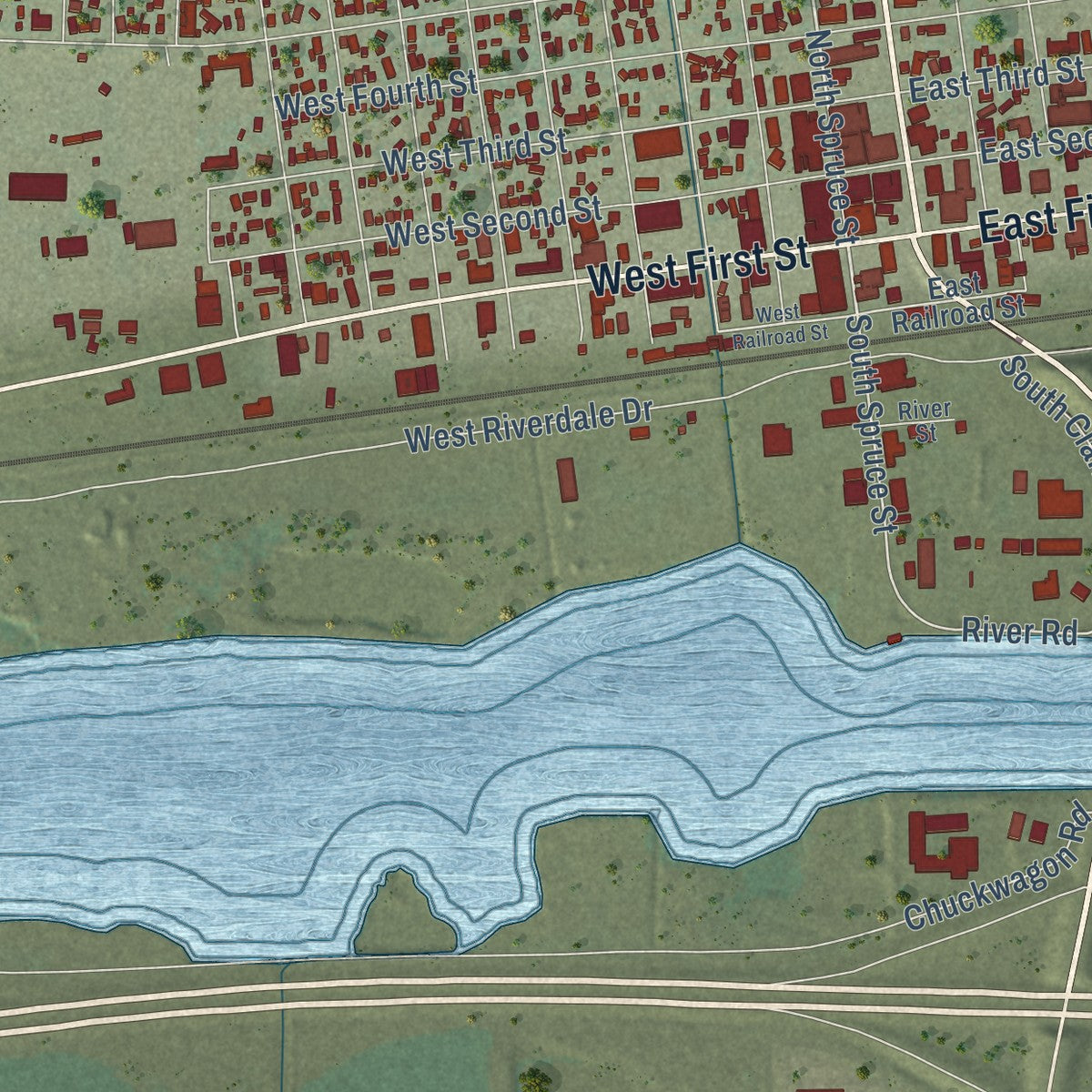 Second close-up of the map of Ogallala, Nebraska print showing more streets and buildings